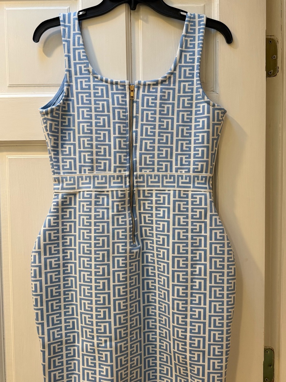 Blue Geometric Knit Dress with Gold Buttons - Picture 3 of 6